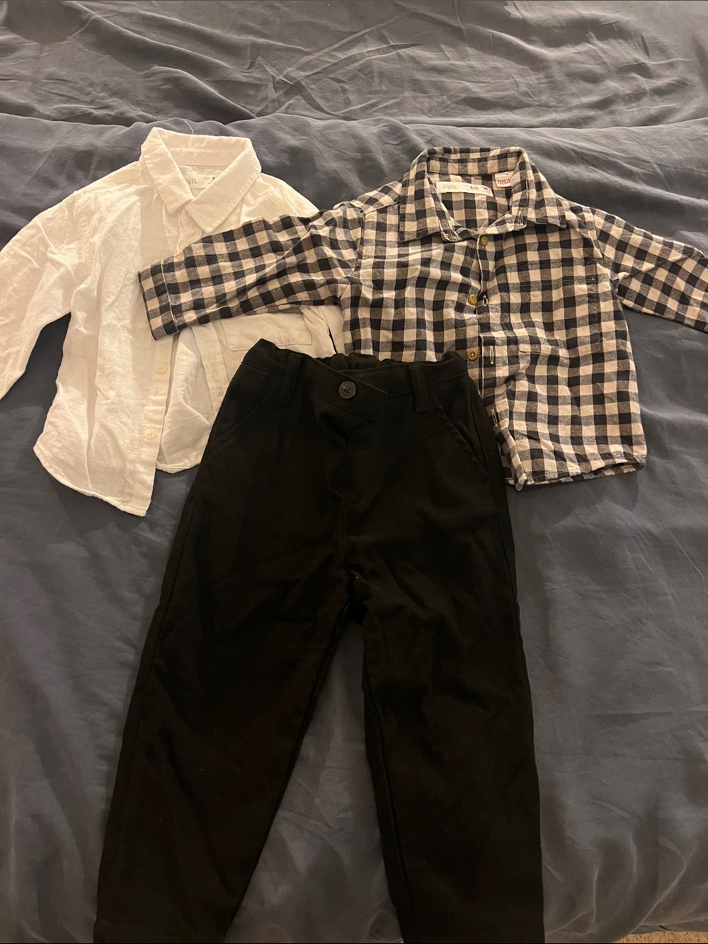 Zara White Button-Down & Black-and-White Plaid Shirt Set with Black Pants